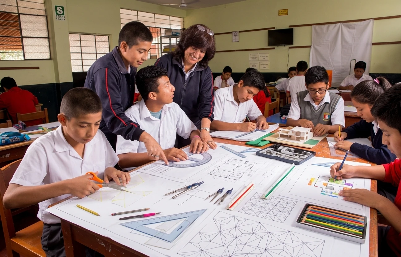 A teacher guiding students working on drawings in a classroom