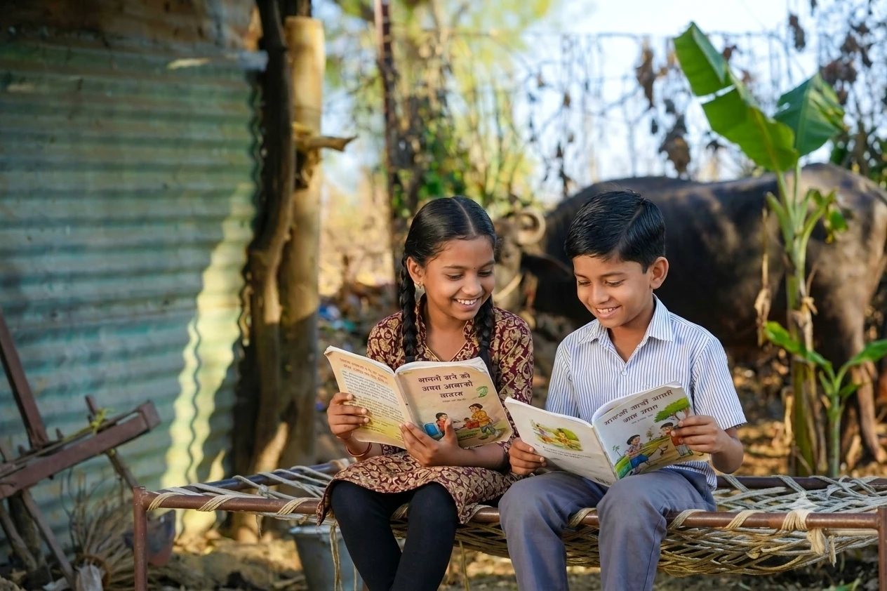Two children reading books together outdoors